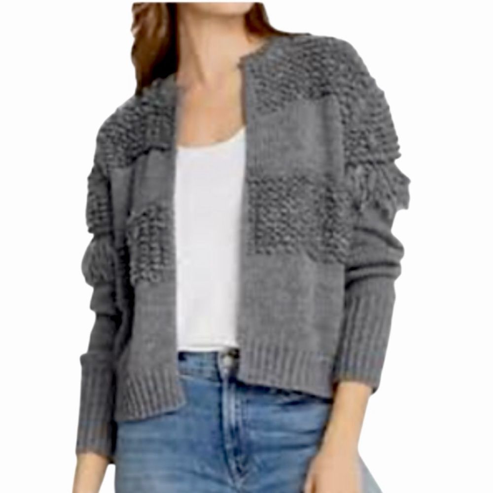 DO+BE Chunky Gray Textured Oversized Boxy Wool Blend Fringed Cardigan Sweater S